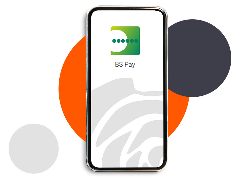 Smartfon na kreatywnym tle z dużych kolorowych kół. Na ekranie smartfona widoczne logo BS Pay