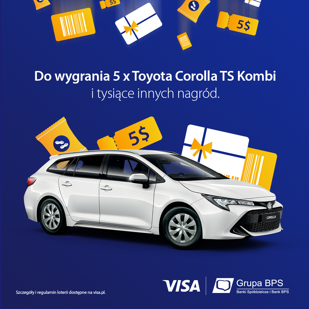 Baner promocyjny. Granatowe tło z wieloma ikonkami prezentów i bonów. Na nim biały samochód. Hasło: Do wygrania 5 razy Toyota Corolla TS Kombi i tysiące innych nagród. Na dole logo VISA i Grupy BS