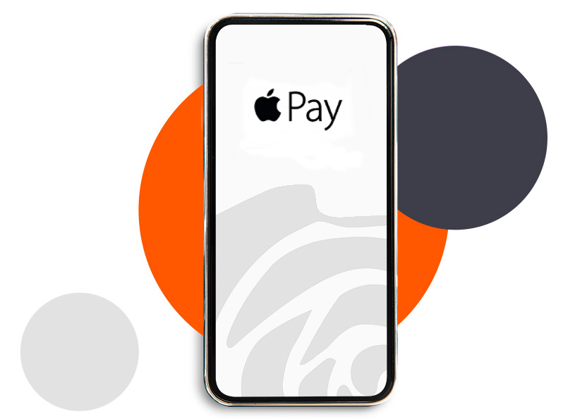 Smartfon na kreatywnym tle z dużych kolorowych kół. Na ekranie smartfona logo Apple Pay
