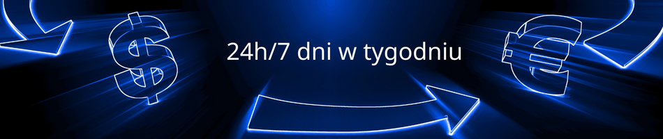 Baner reklamowy. Granatowe tło, ikony dolara, euro i strzałek. W centralnej części napis: 24 godziny przez 7 dni w tygodniu
