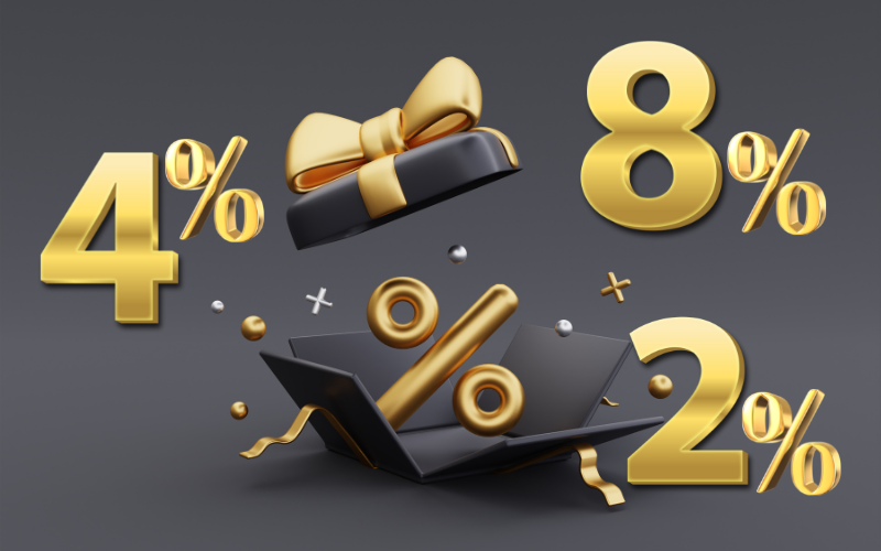 Kreatywna grafika: złote napisy 4%, 8% i 2% oraz rysunek prezentu na czarnym tle